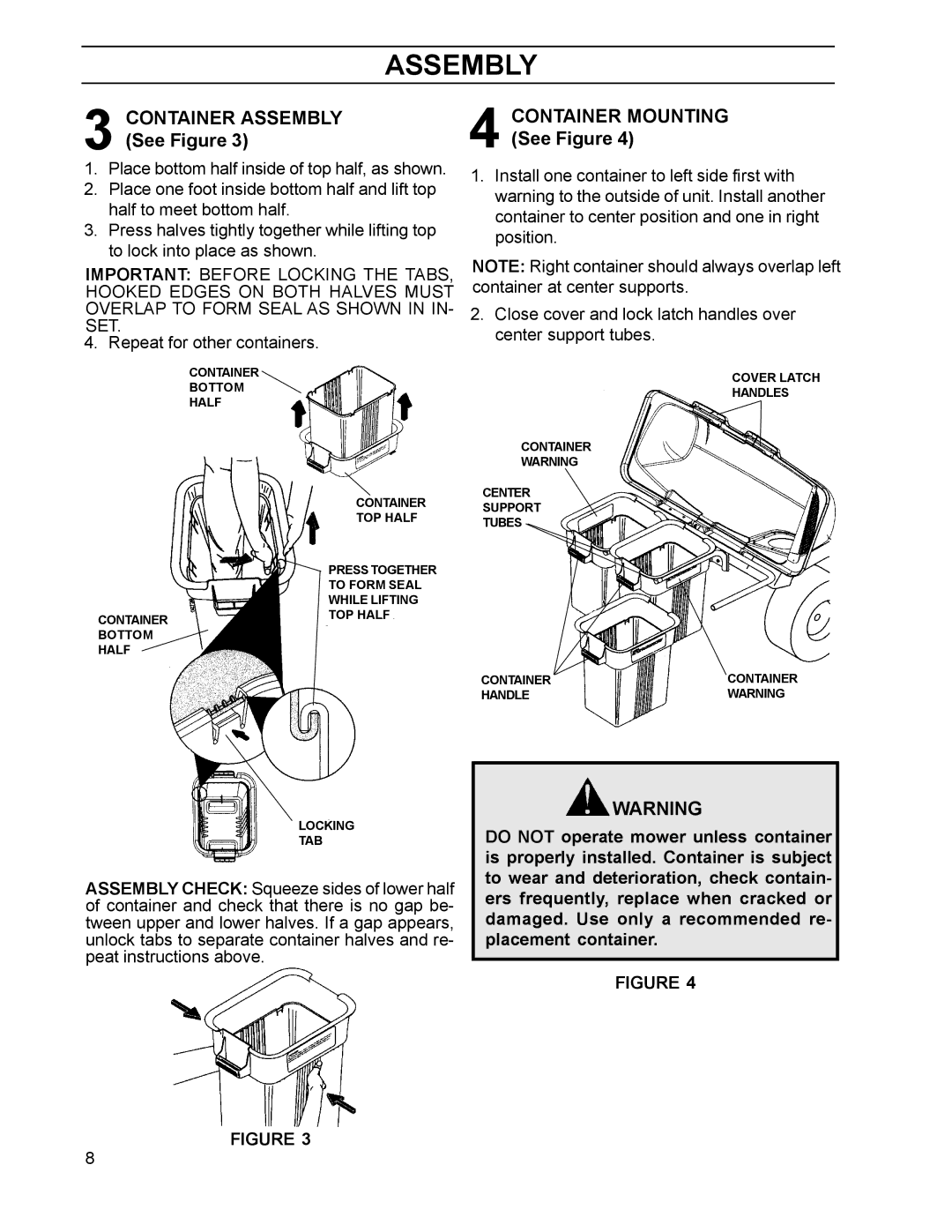 Dixon 968999515 manual Container Mounting See Figure, Container Assembly See Figure 