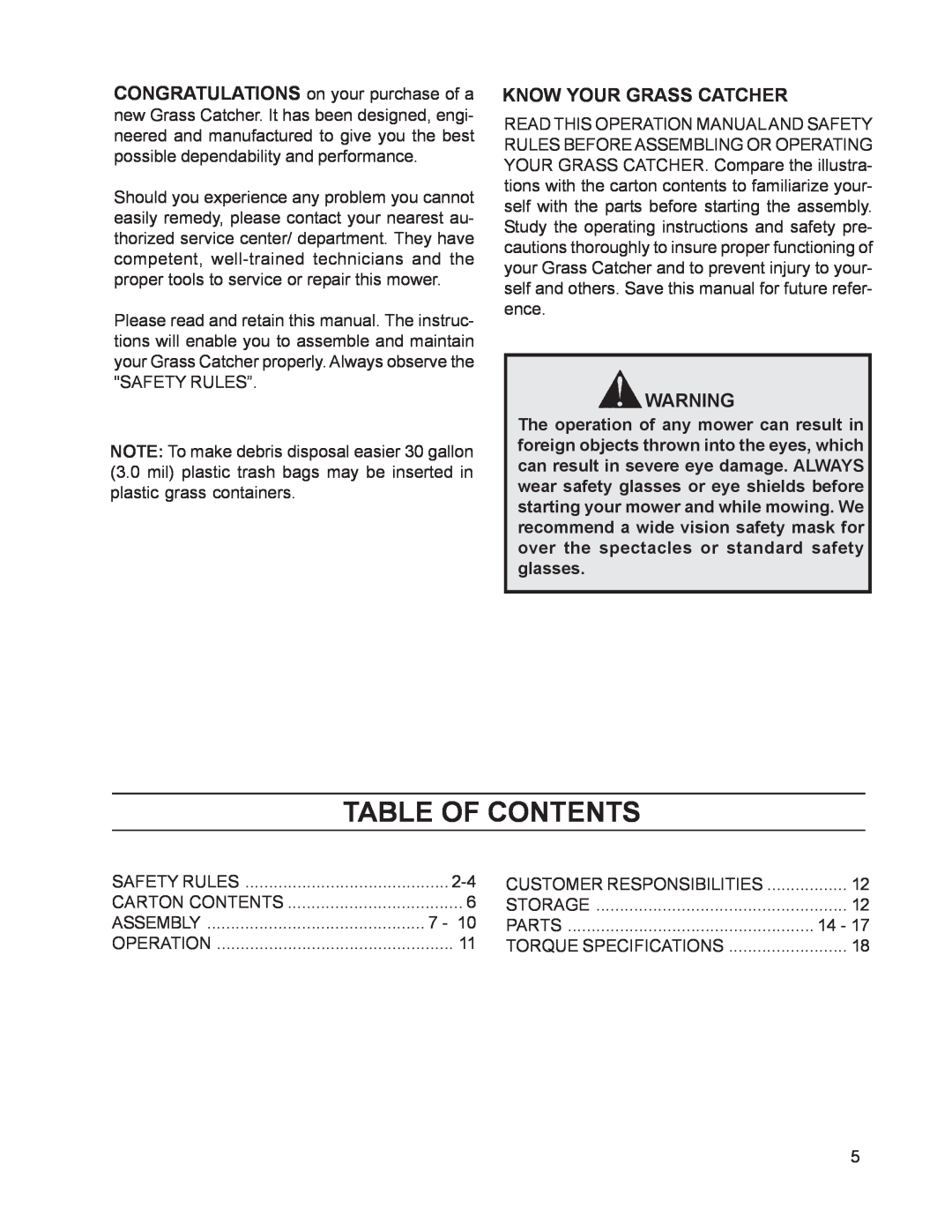 Dixon 968999515 manual Table Of Contents, Know Your Grass Catcher 