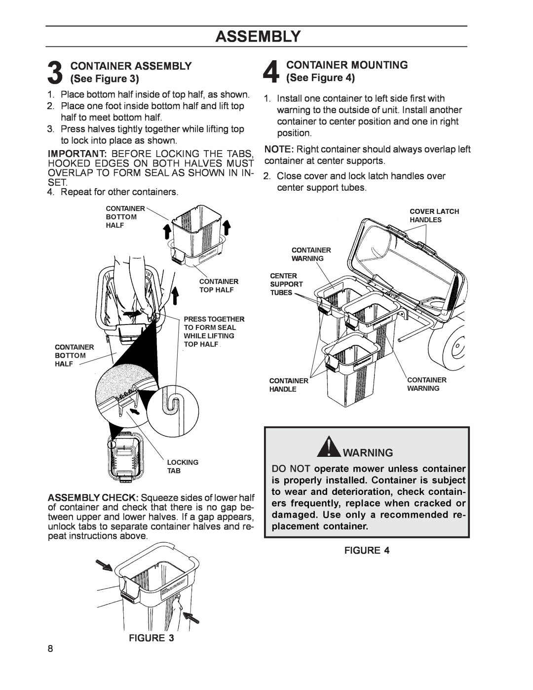 Dixon 968999515 manual CONTAINER MOUNTING See Figure, CONTAINER ASSEMBLY See Figure, Assembly 