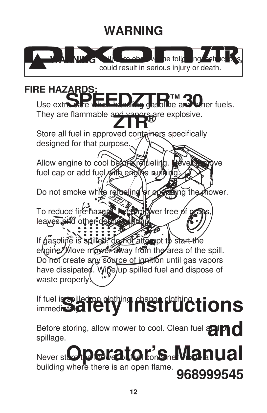 Dixon 968999545 manual Fire Hazards 