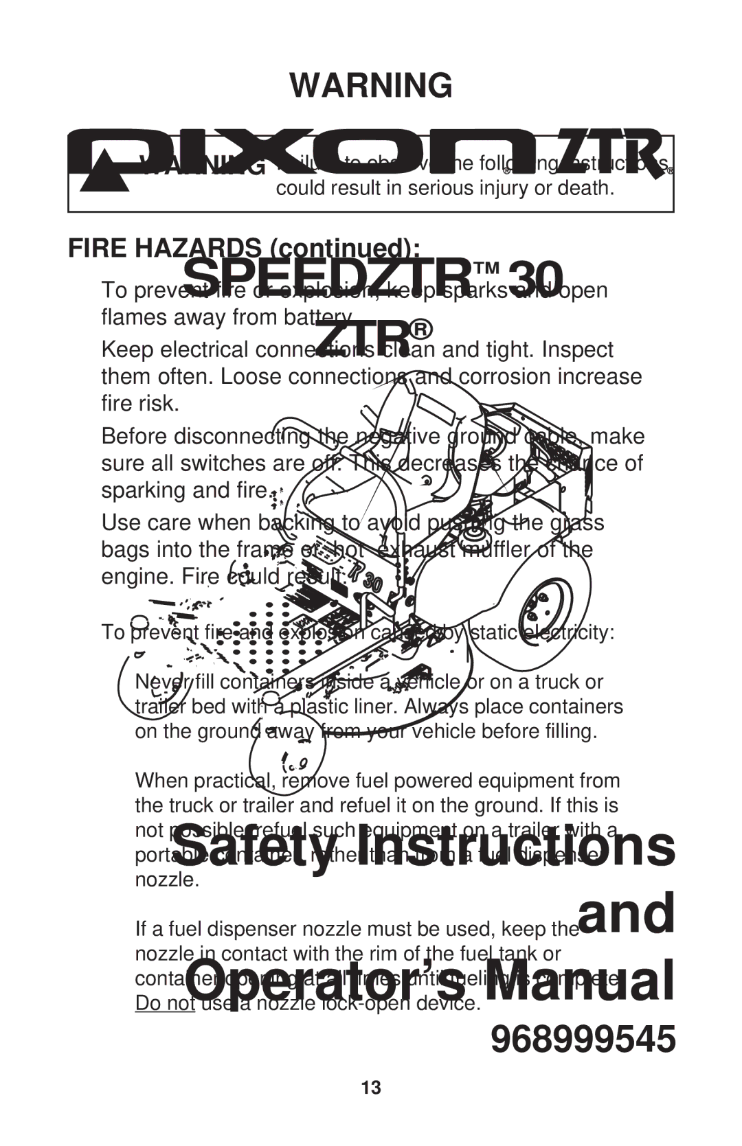 Dixon 968999545 manual Fire Hazards 