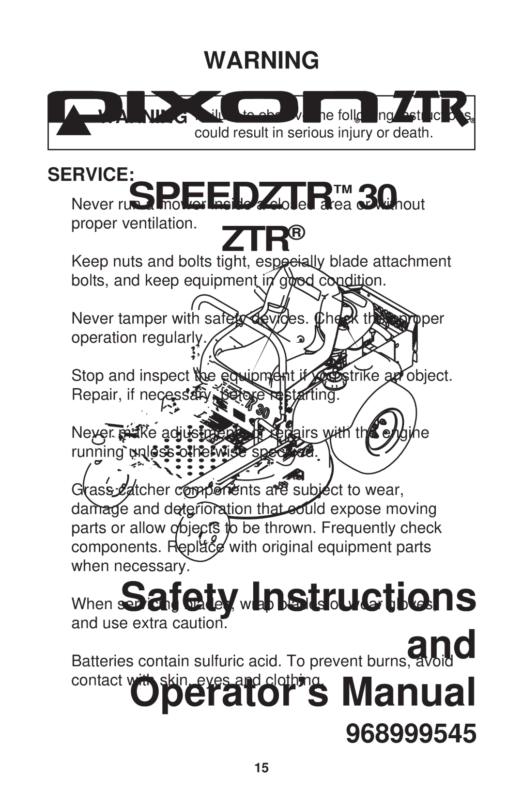 Dixon 968999545 manual Service 