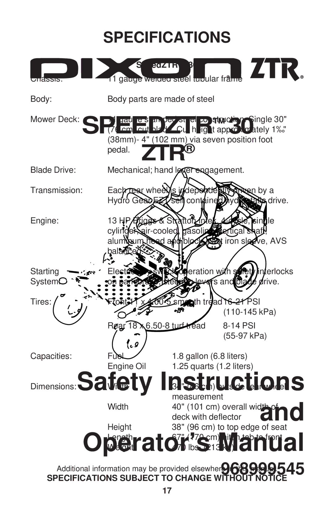 Dixon 968999545 manual Specifications, SpeedZTR 