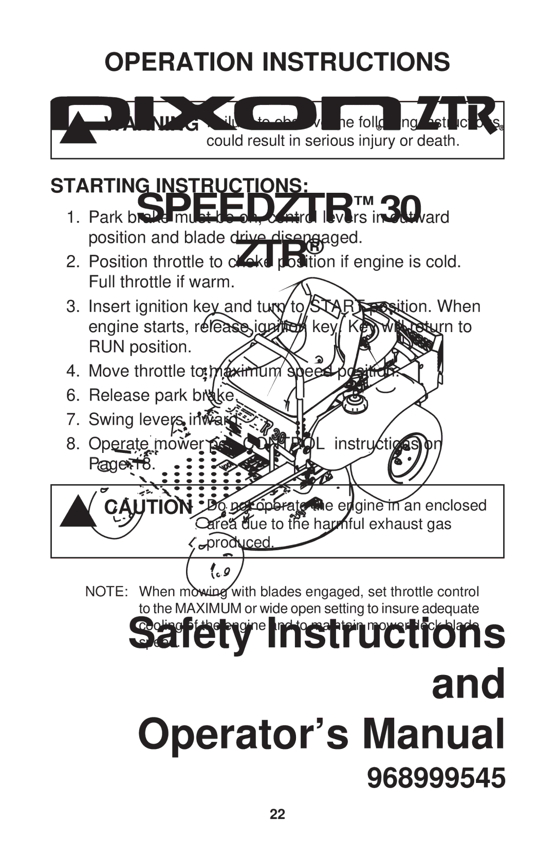 Dixon 968999545 manual Starting Instructions 