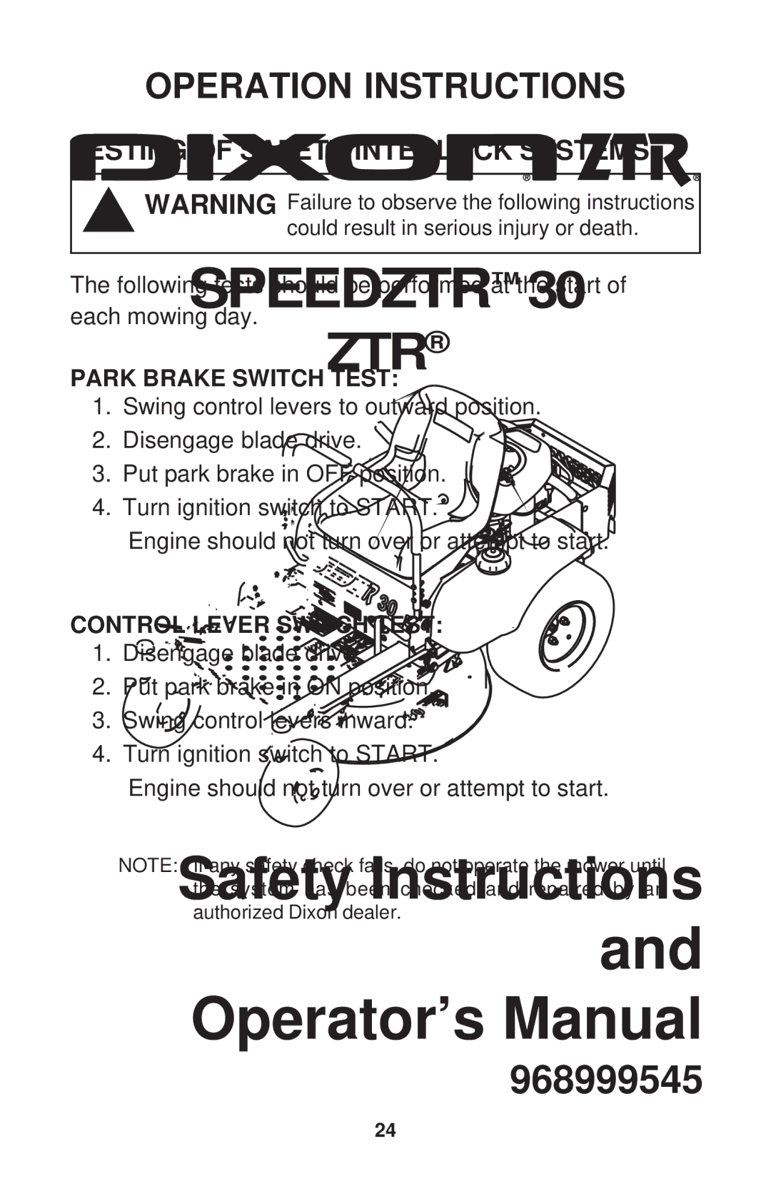 Dixon 968999545 manual Testing of Safety Interlock Systems, Park Brake Switch Test 