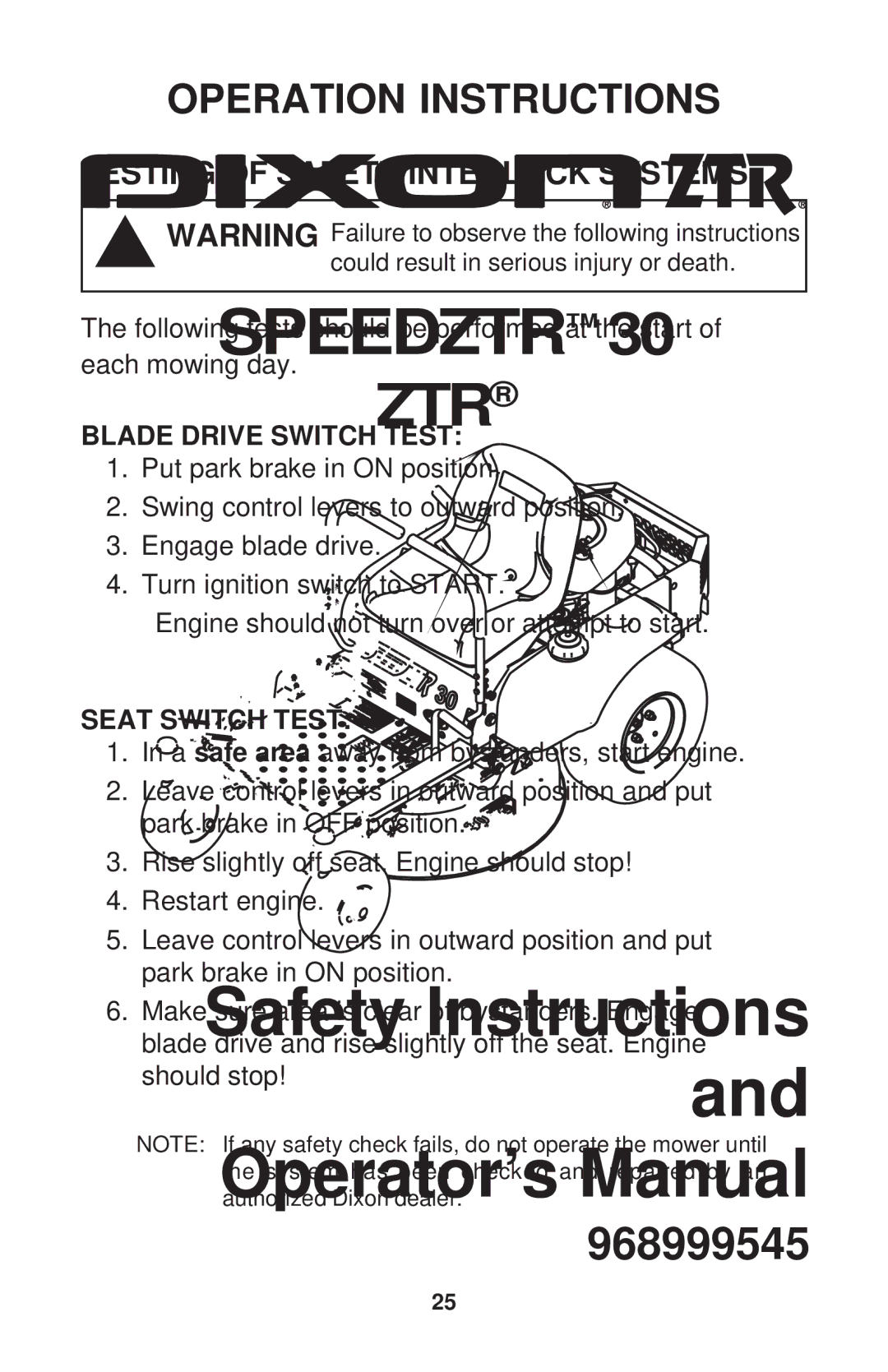 Dixon 968999545 manual Blade Drive Switch Test 