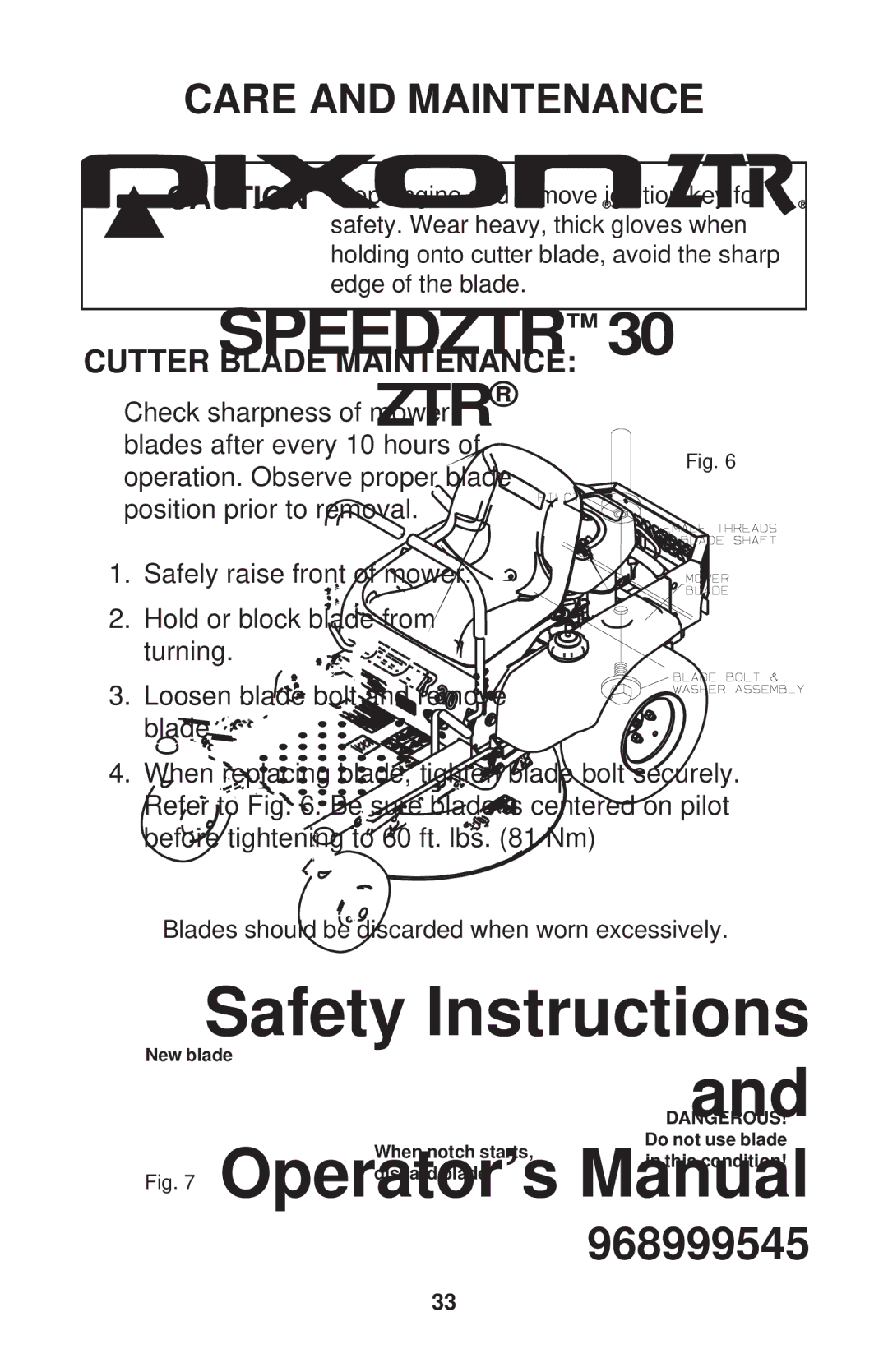 Dixon 968999545 manual Cutter Blade Maintenance 