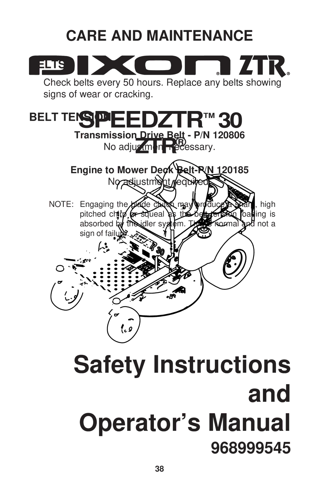 Dixon 968999545 manual Belts, Belt Tension 