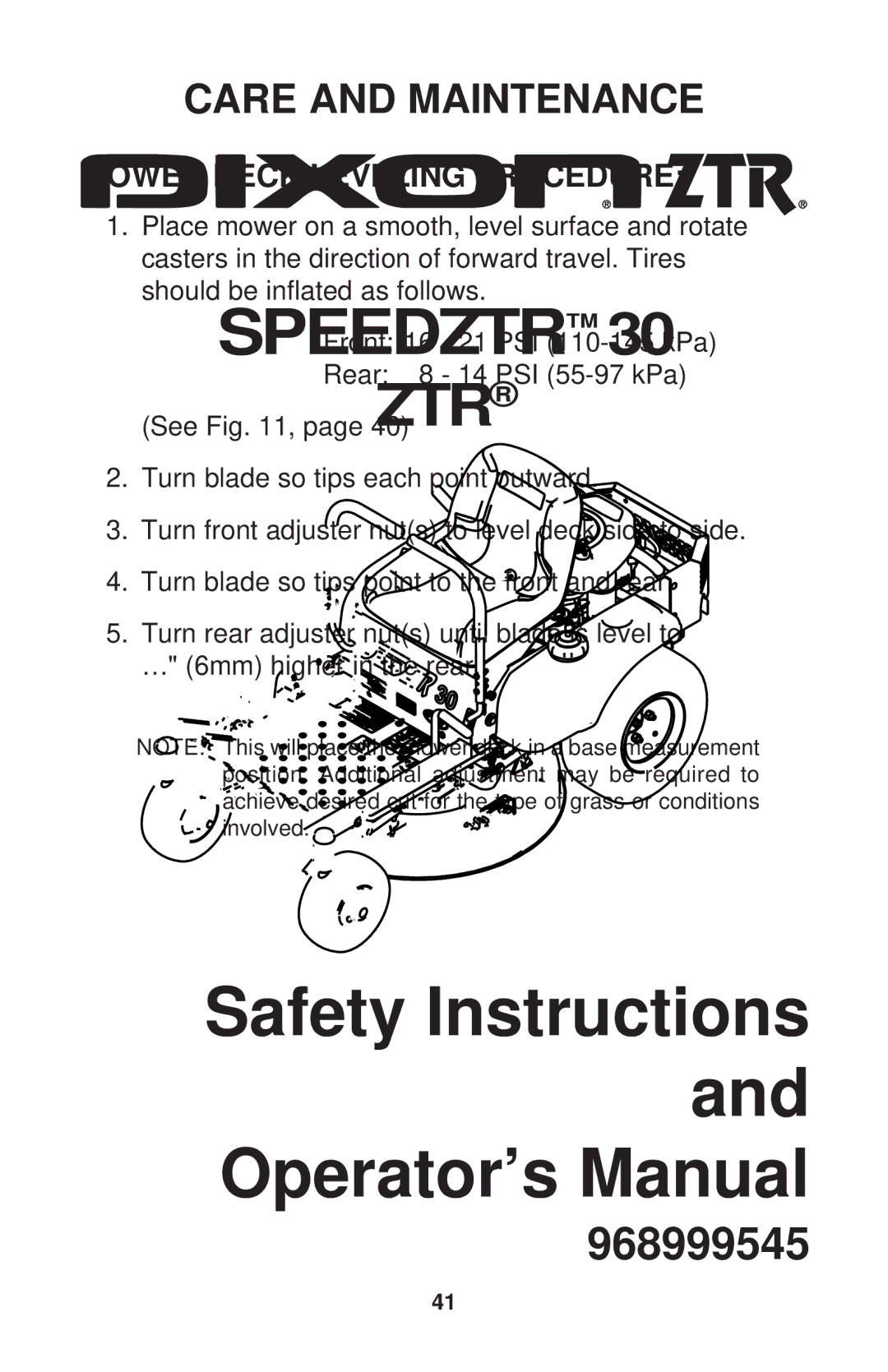 Dixon 968999545 manual Mower Deck Leveling Procedure 