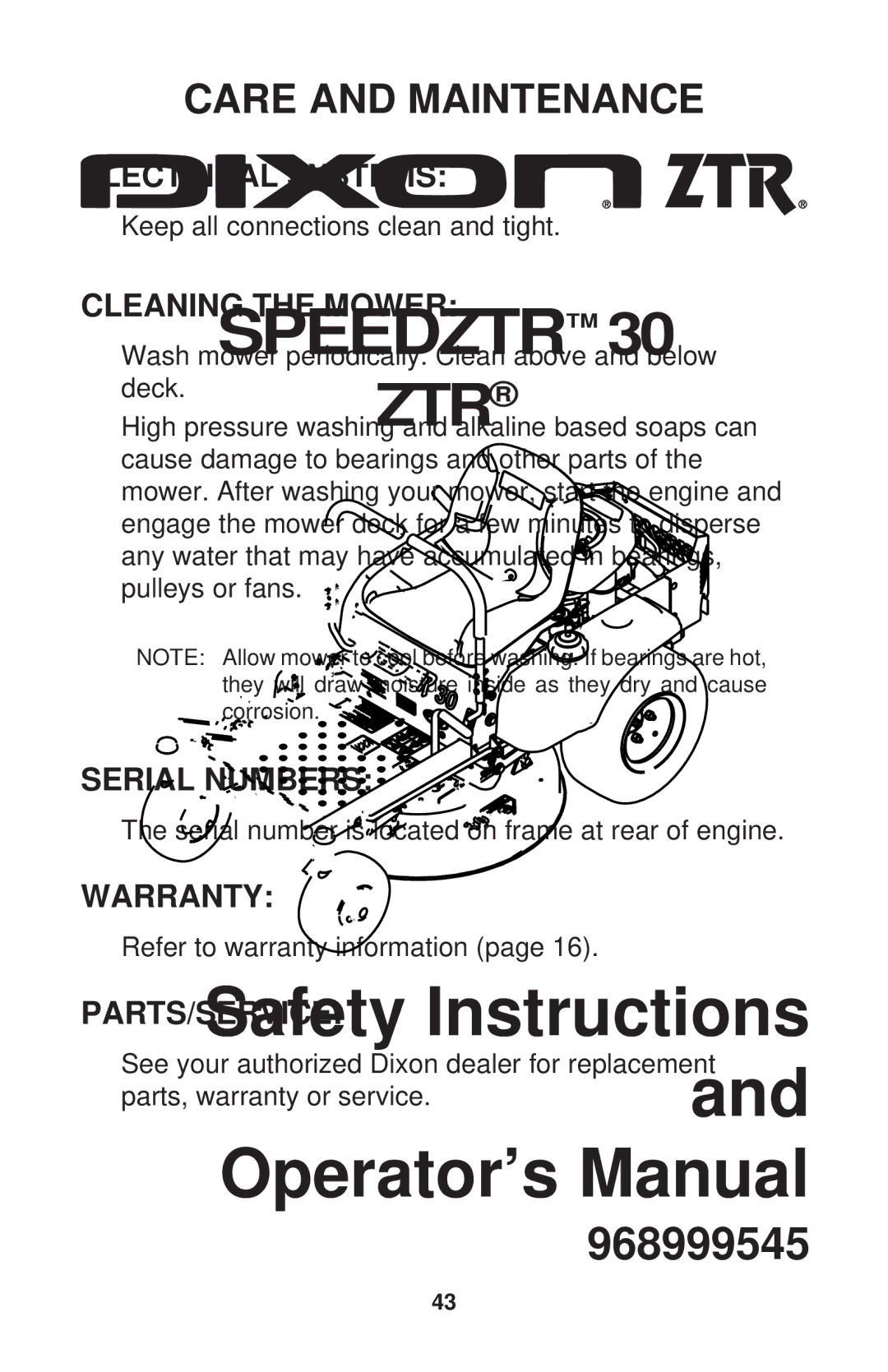 Dixon 968999545 manual Electrical Systems, Cleaning the Mower, Serial Numbers, Warranty, Parts/Service 