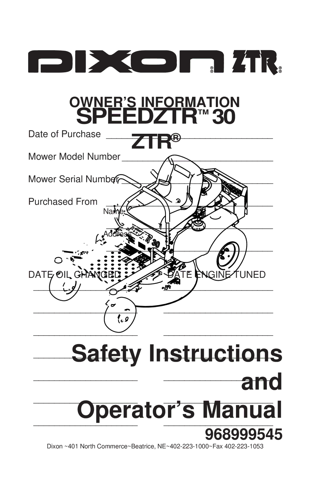 Dixon 968999545 manual OWNER’S Information, Date Engine Tuned 