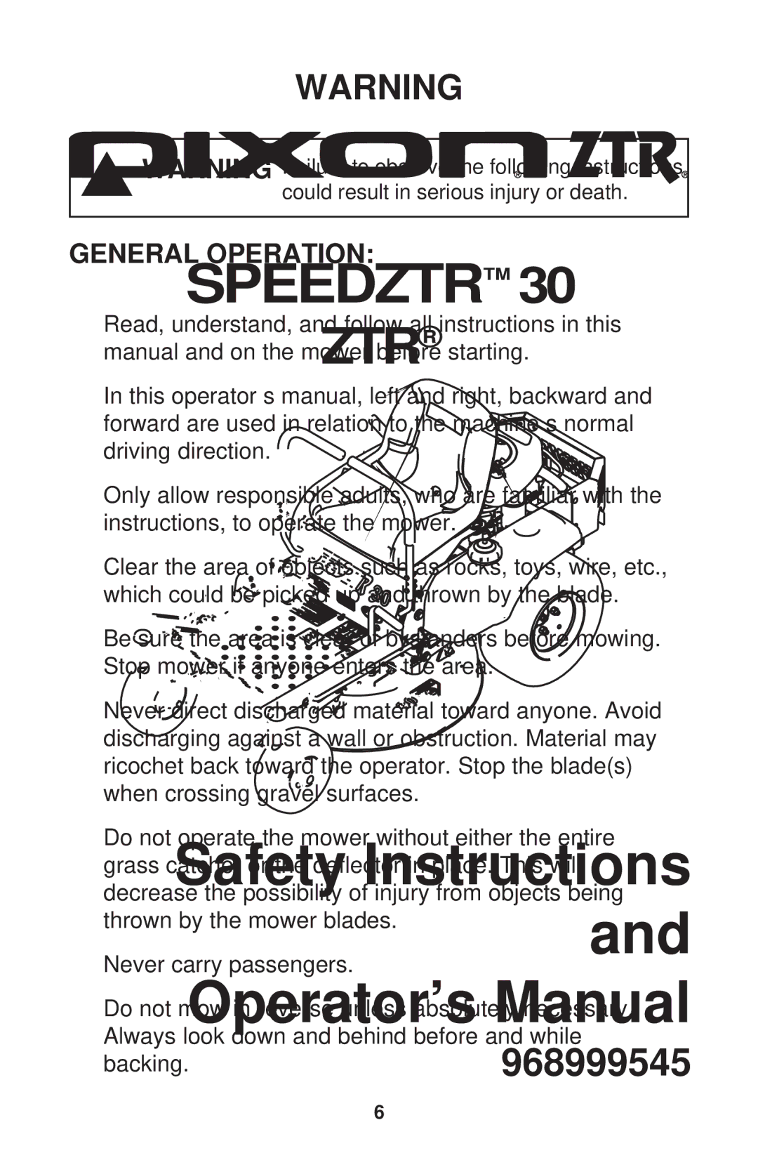 Dixon 968999545 manual General Operation 