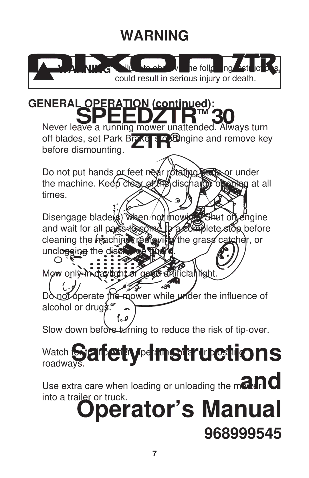 Dixon 968999545 manual General Operation 