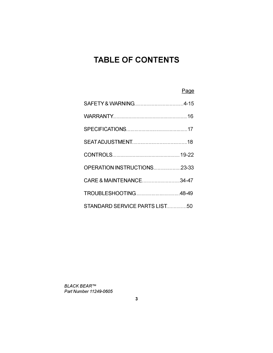 Dixon Black Bear manual Table of Contents 