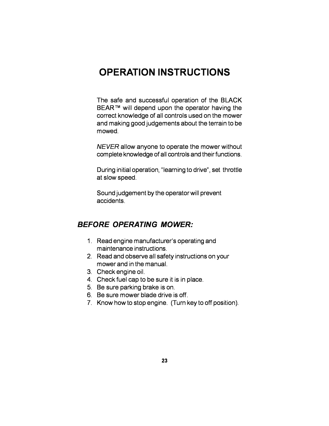 Dixon Black Bear manual Operation Instructions, Before Operating Mower 