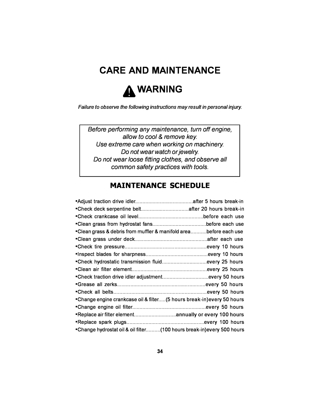Dixon Black Bear manual Care And Maintenance, Maintenance Schedule, Before performing any maintenance, turn off engine 