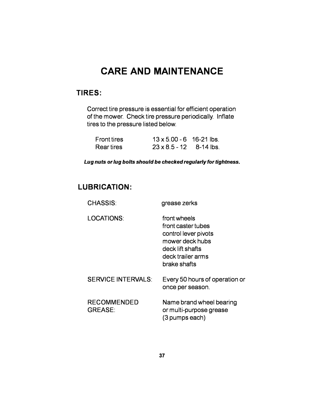 Dixon Black Bear manual Tires, Lubrication, Care And Maintenance 