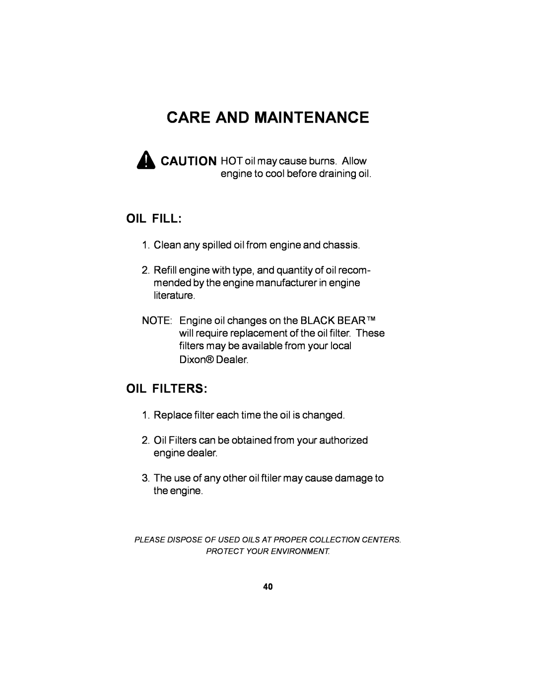 Dixon Black Bear manual Oil Fill, Oil Filters, Care And Maintenance 