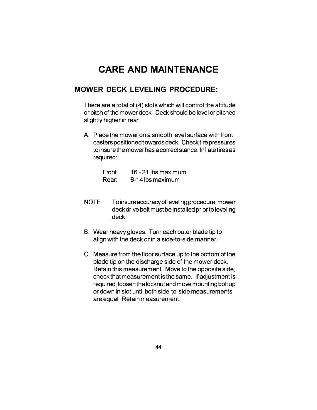 Dixon Black Bear manual Mower Deck Leveling Procedure, Care And Maintenance 