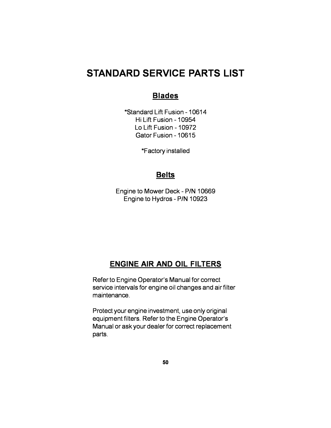 Dixon Black Bear manual Standard Service Parts List, Blades, Belts, Engine Air And Oil Filters 