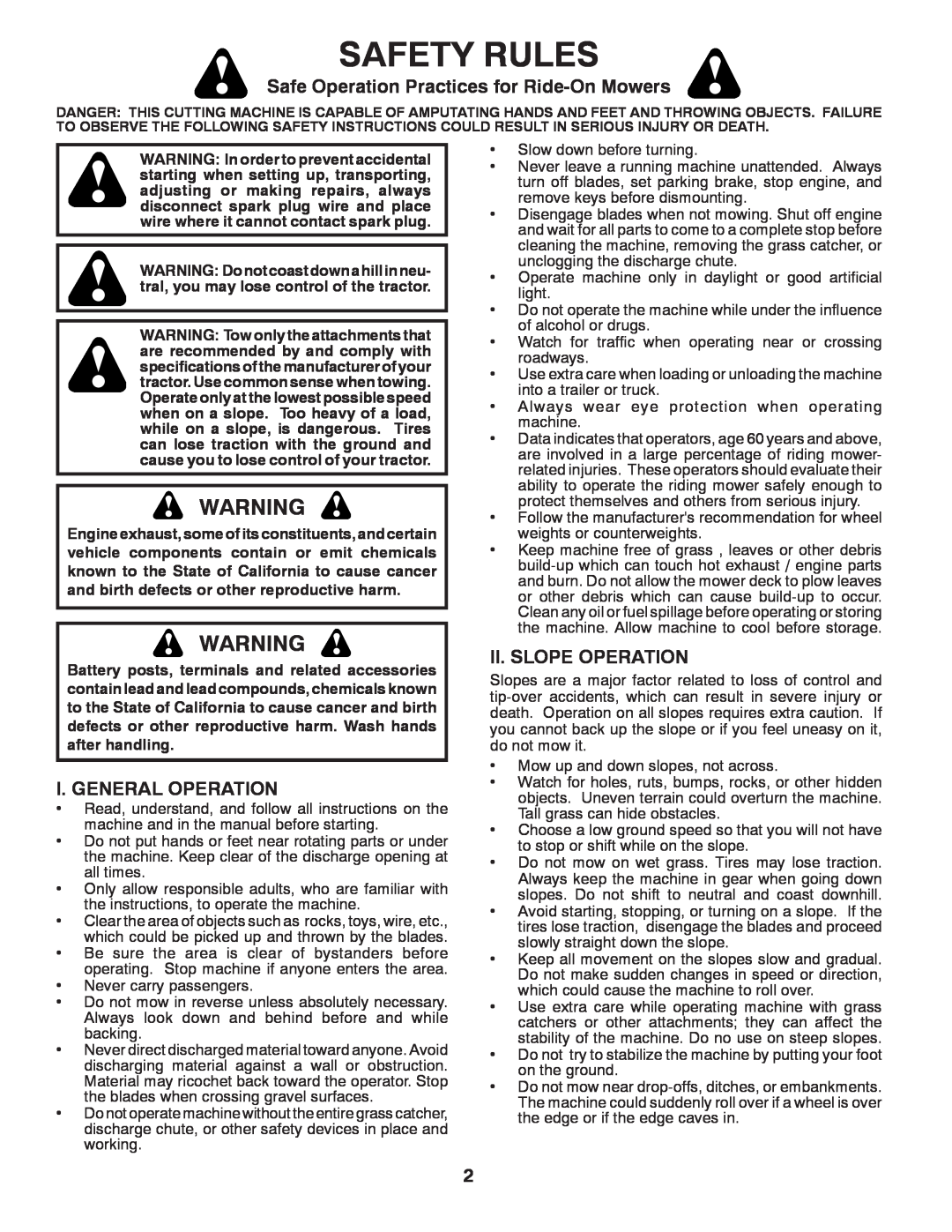 Dixon D26KH54 manual Safety Rules, Safe Operation Practices for Ride-On Mowers, I. General Operation, Ii. Slope Operation 