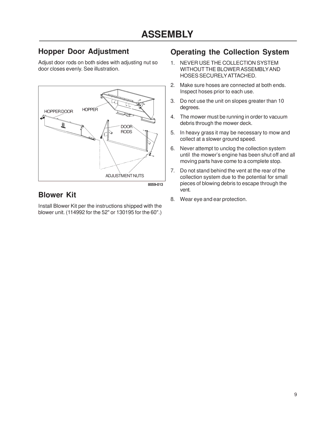 Dixon DCG 114883, DFS 114883 manual Hopper Door Adjustment, Blower Kit, Operating the Collection System 