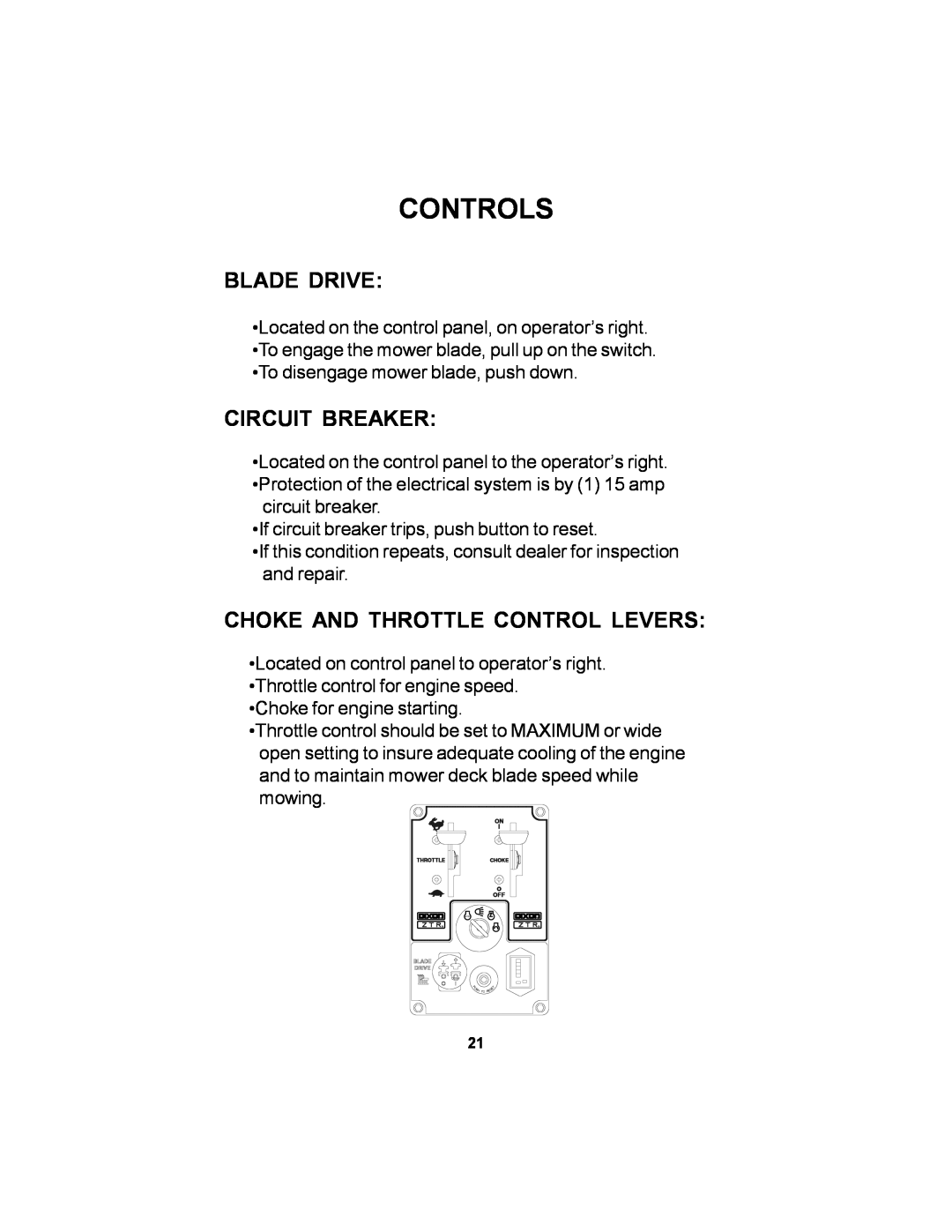 Dixon ELS 60 manual Blade Drive, Circuit Breaker, Choke And Throttle Control Levers, Controls 