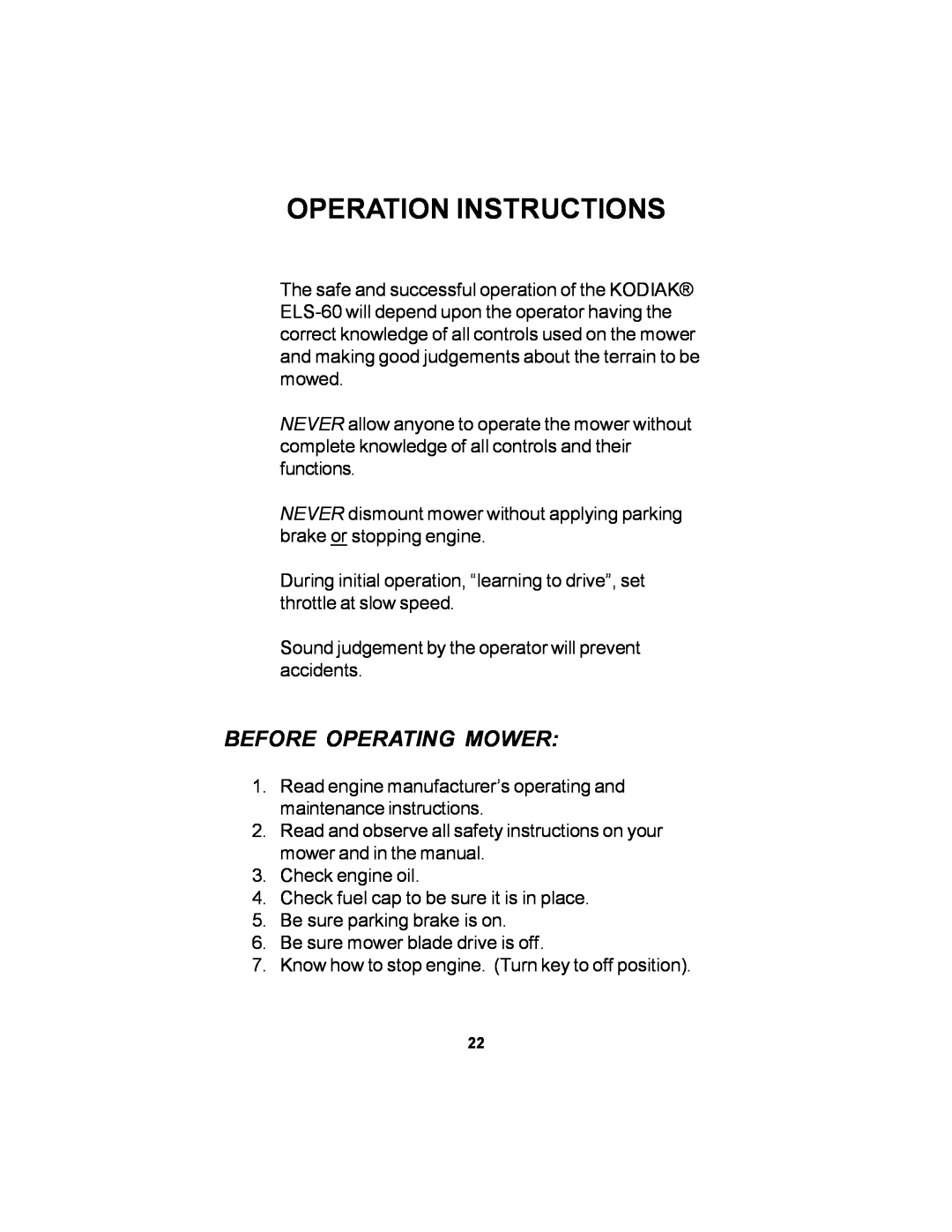 Dixon ELS 60 manual Operation Instructions, Before Operating Mower 