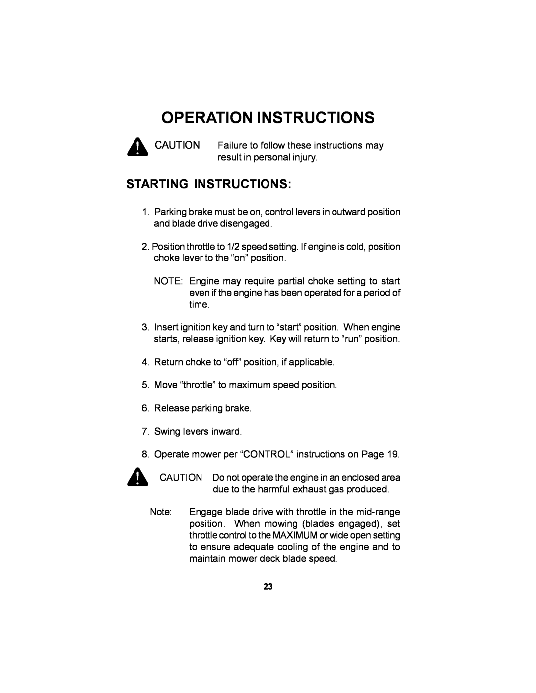 Dixon ELS 60 manual Starting Instructions, Operation Instructions 