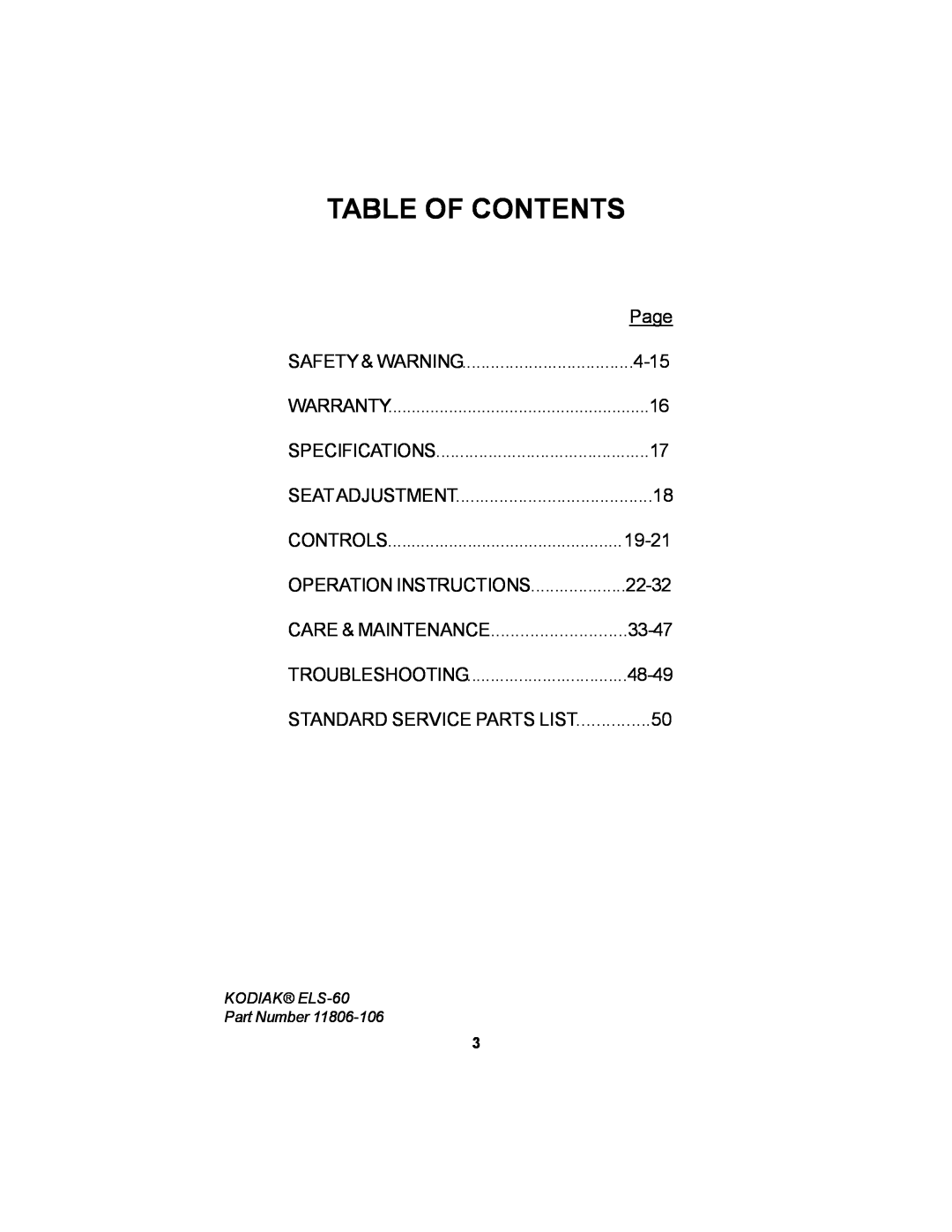 Dixon ELS 60 manual Table Of Contents, Page, 4-15, Controls, 19-21, 22-32, 33-47, 48-49, Standard Service Parts List 