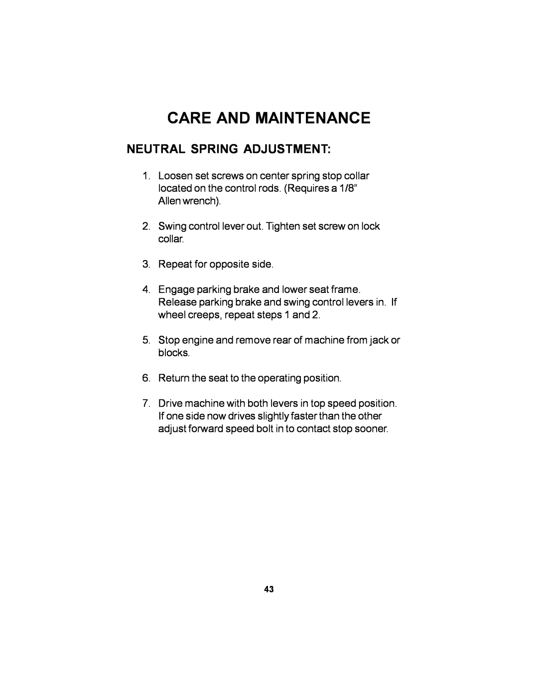 Dixon ELS 60 manual Neutral Spring Adjustment, Care And Maintenance 