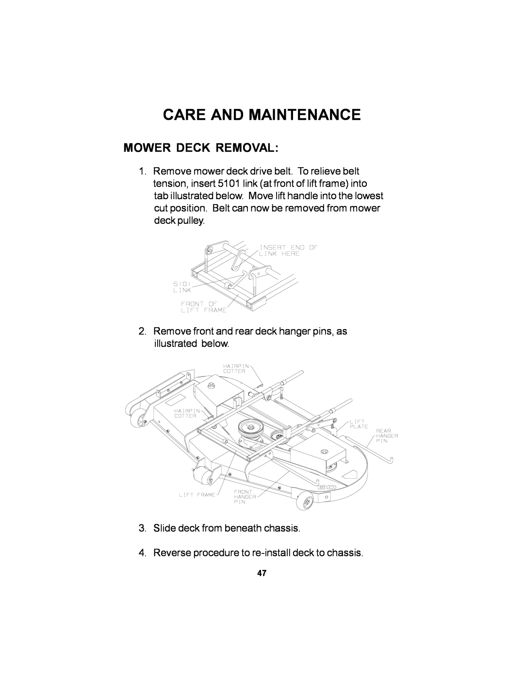 Dixon ELS 60 manual Mower Deck Removal, Care And Maintenance 