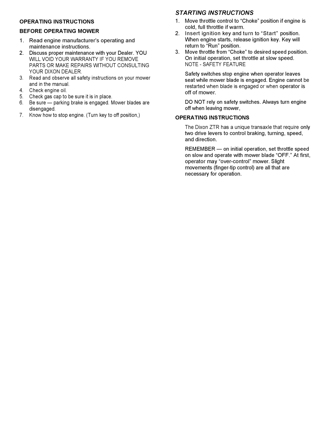 Dixon Generic manual Operating Instructions Before Operating Mower 