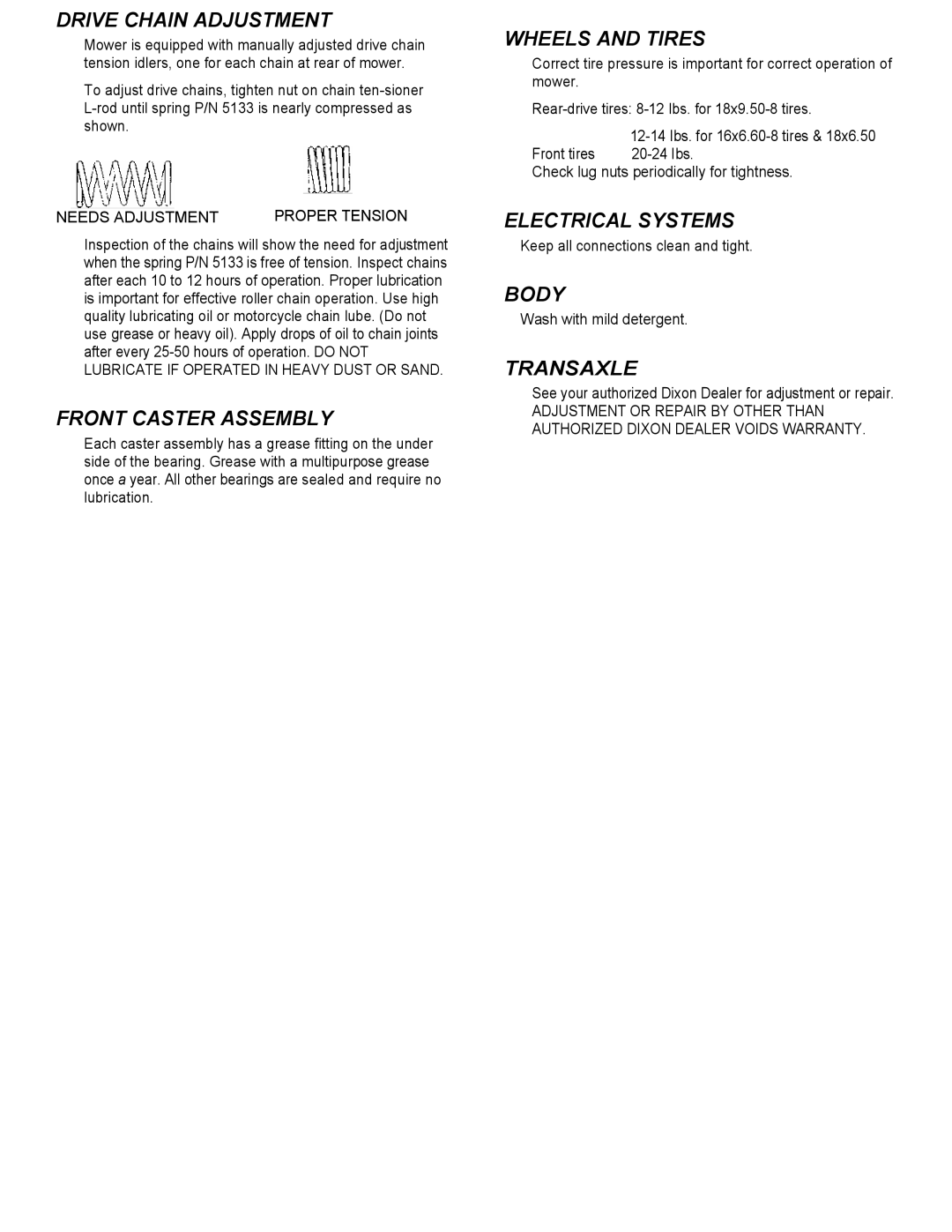 Dixon Generic manual Drive Chain Adjustment, Front Caster Assembly, Wheels and Tires, Electrical Systems, Body, Transaxle 