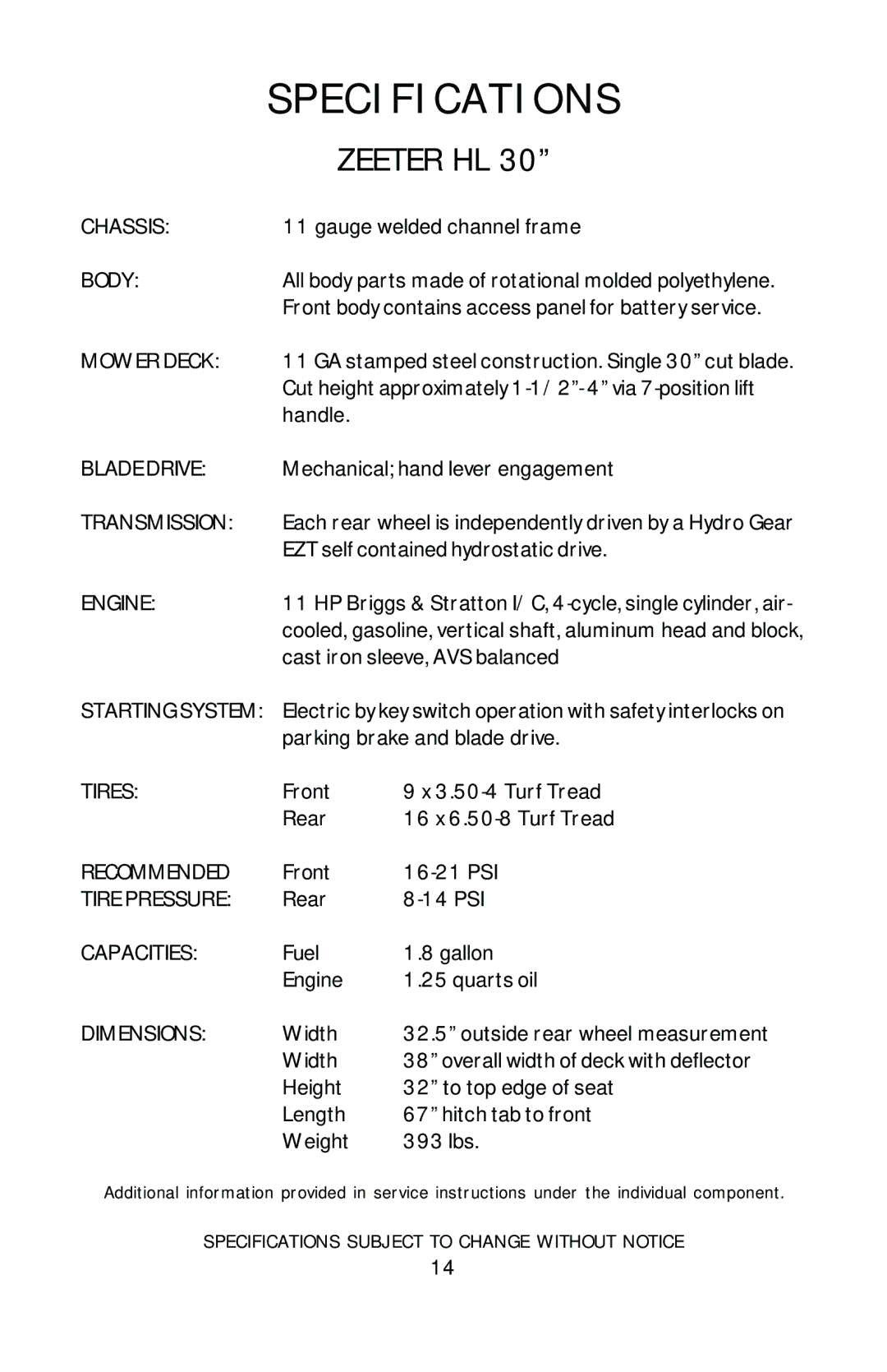 Dixon 16246-0803, HL 36, HL 42, HL 30 manual Specifications, Zeeter HL 