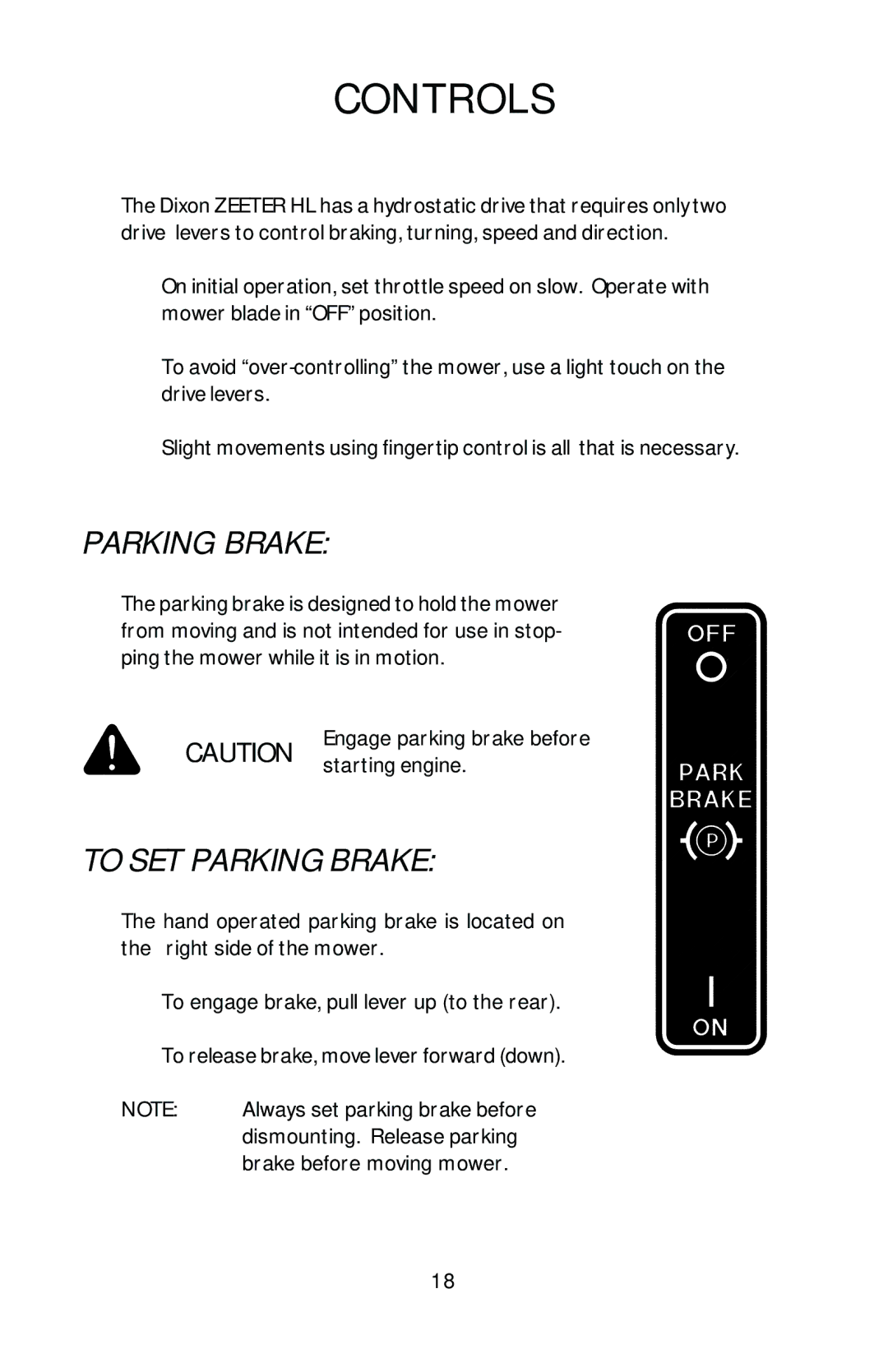 Dixon HL 30, HL 36, HL 42, 16246-0803 manual To SET Parking Brake 