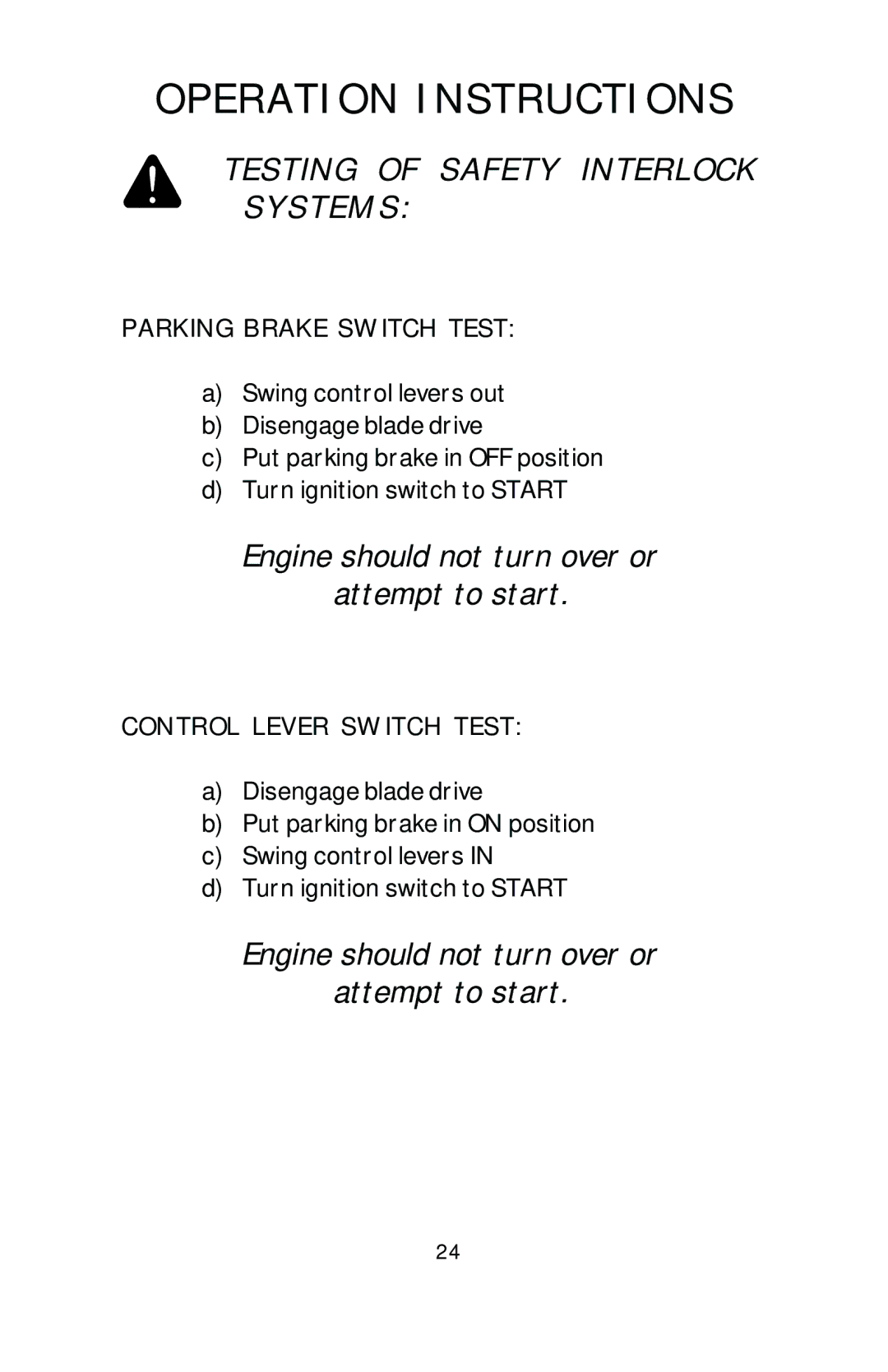 Dixon 16246-0803, HL 36, HL 42, HL 30 Testing of Safety Interlock Systems, Engine should not turn over or Attempt to start 