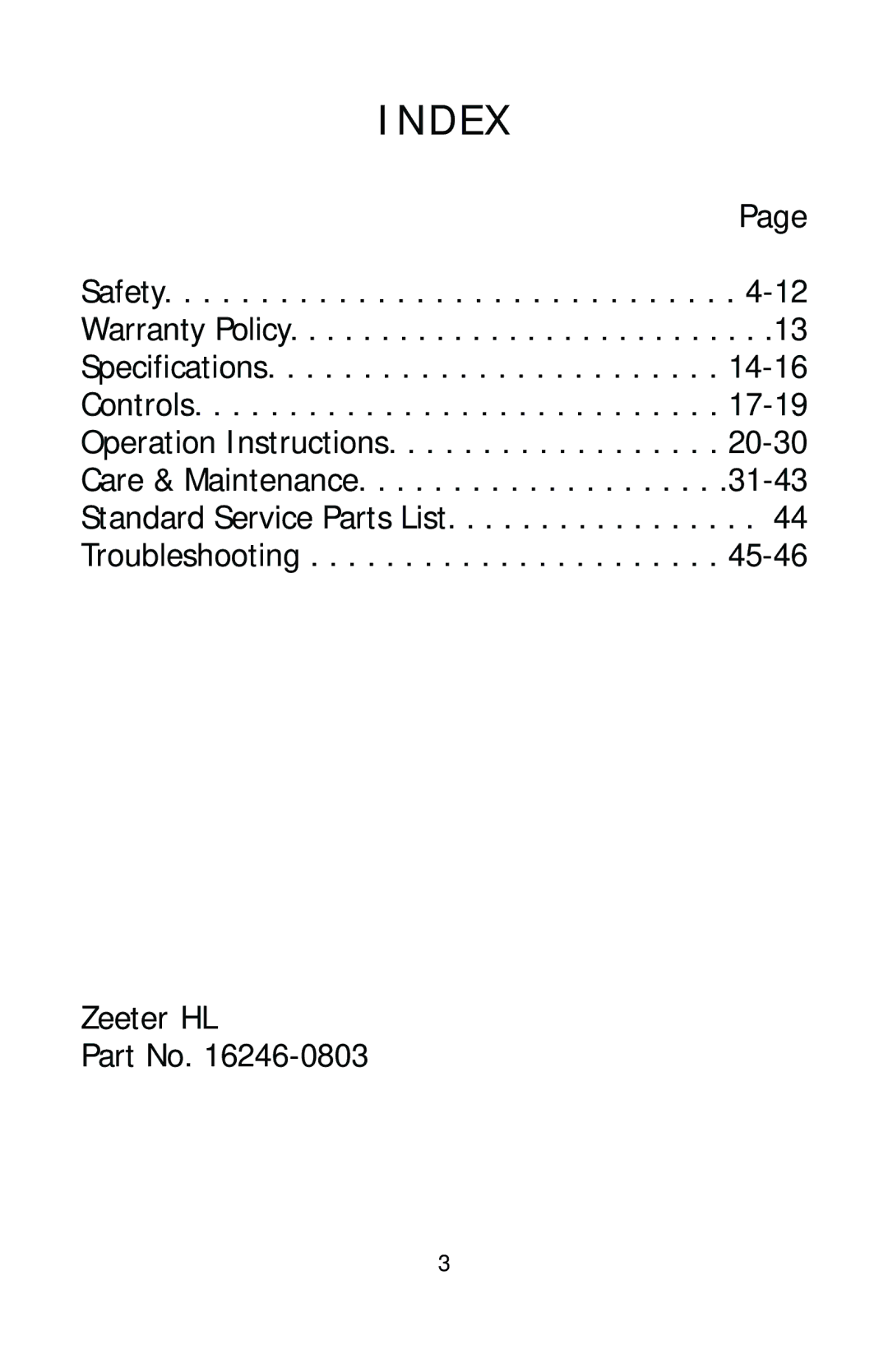 Dixon HL 30, HL 36, HL 42, 16246-0803 manual Index 