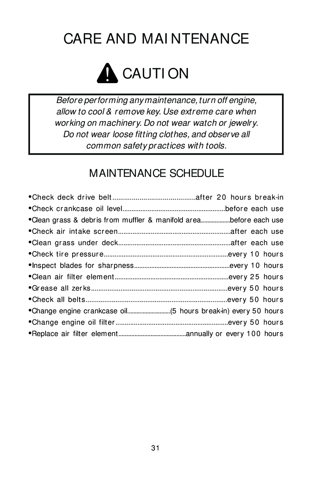 Dixon HL 42, HL 36, HL 30, 16246-0803 manual Care and Maintenance, Maintenance Schedule 