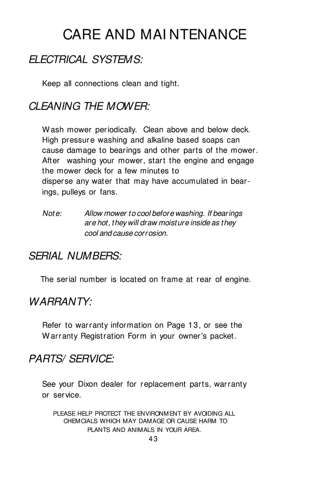 Dixon HL 30, HL 36, HL 42, 16246-0803 manual Electrical Systems, Cleaning the Mower, Serial Numbers, Warranty, Parts/Service 