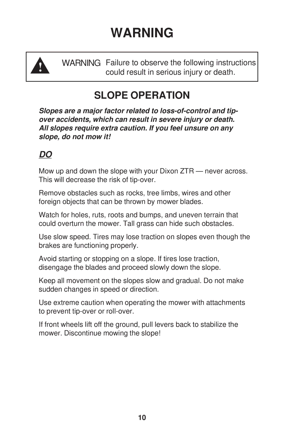 Dixon KOH/968999588, KOH/968999591, KOH/968999592, KOH/968999590 manual Slope Operation 