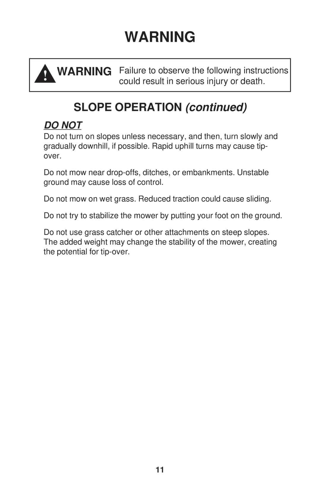 Dixon KOH/968999590, KOH/968999591, KOH/968999592, KOH/968999588 manual Slope Operation 