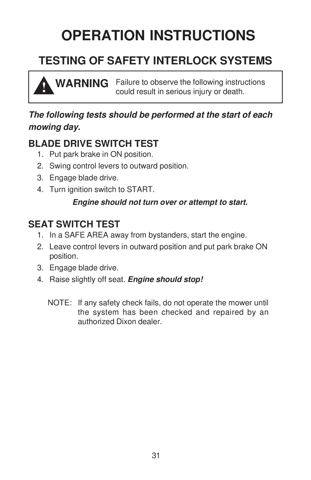 Dixon KOH/968999590, KOH/968999591, KOH/968999592, KOH/968999588 manual Blade Drive Switch Test, Seat Switch Test 