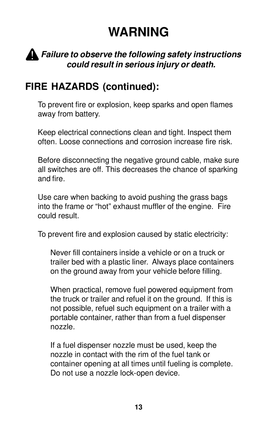 Dixon Operator's Manual electric lawn mower Grizzly 2005 manual Fire Hazards 