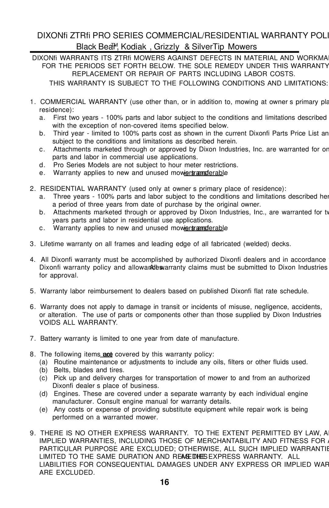 Dixon Operator's Manual electric lawn mower Grizzly 2005 manual Dixon ZTR PRO Series COMMERCIAL/RESIDENTIAL Warranty Policy 