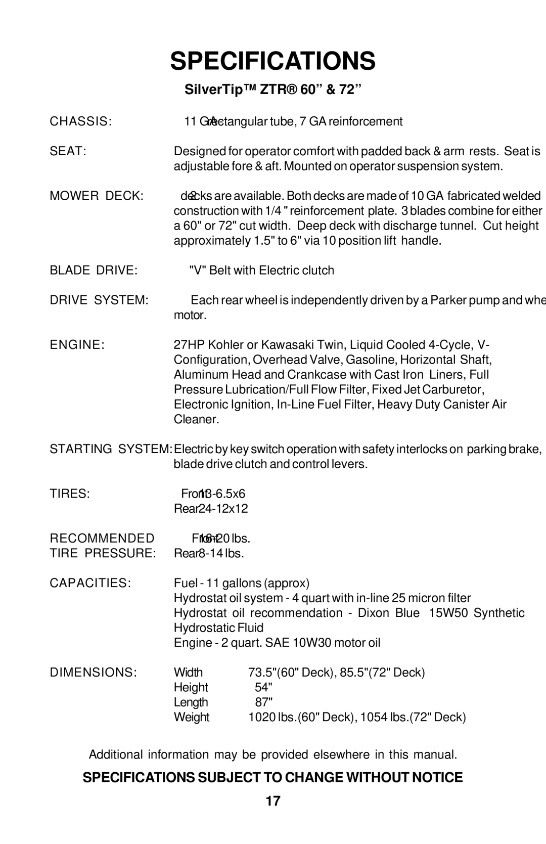 Dixon Operator's Manual electric lawn mower Grizzly 2005 manual Specifications, SilverTip ZTR 60 