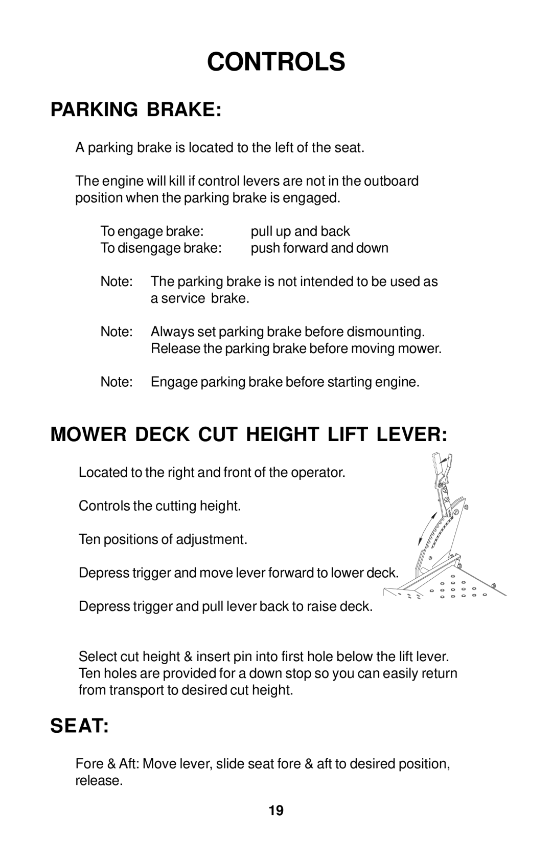 Dixon Operator's Manual electric lawn mower Grizzly 2005 manual Parking Brake, Mower Deck CUT Height Lift Lever, Seat 