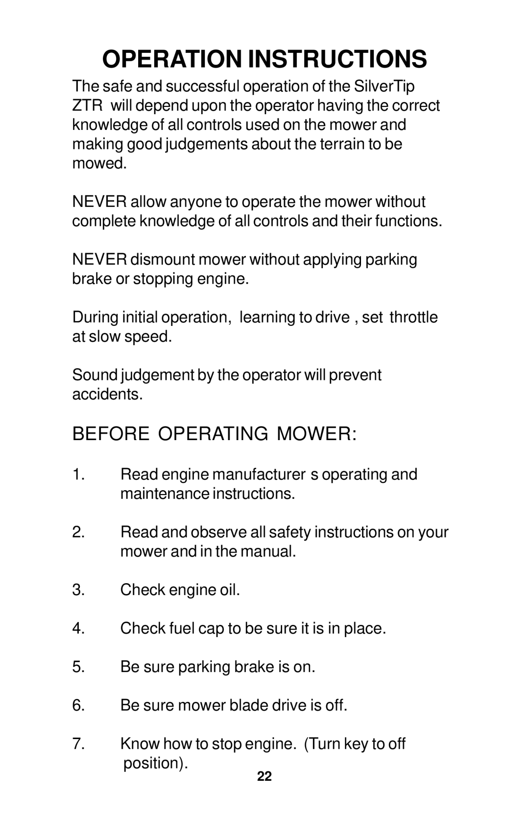 Dixon Operator's Manual electric lawn mower Grizzly 2005 manual Operation Instructions, Before Operating Mower 