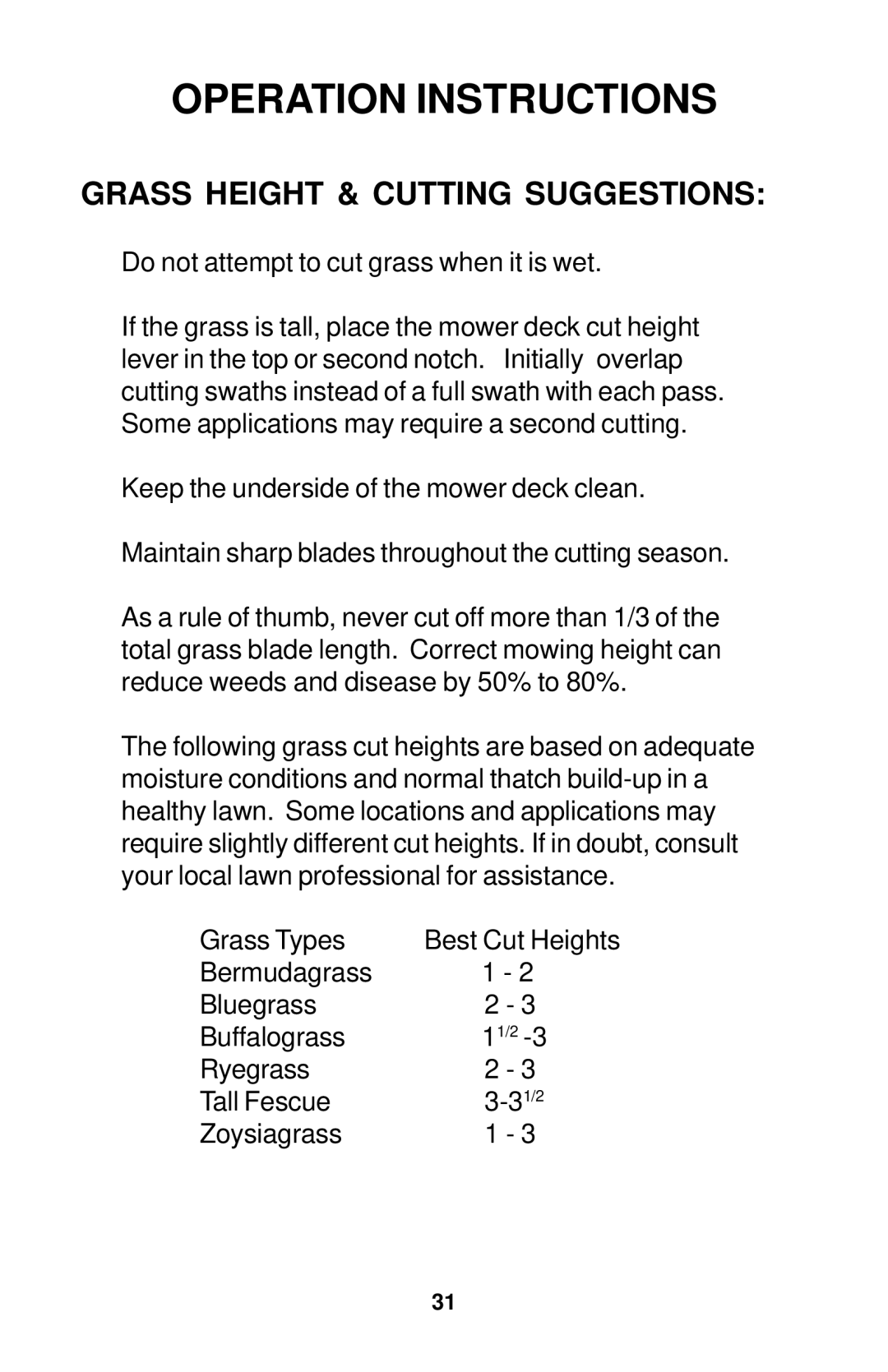 Dixon Operator's Manual electric lawn mower Grizzly 2005 manual Grass Height & Cutting Suggestions 