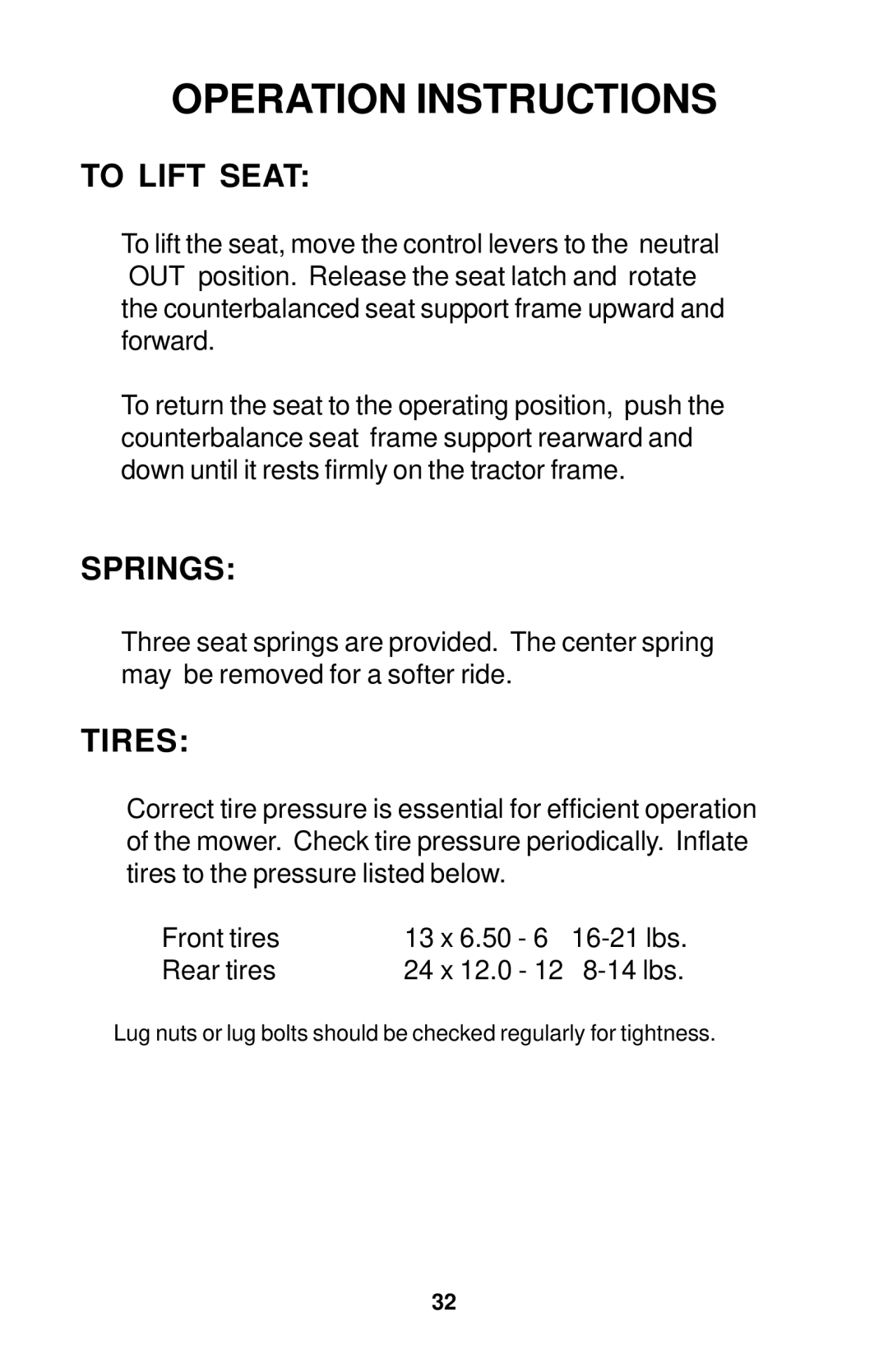 Dixon Operator's Manual electric lawn mower Grizzly 2005 manual To Lift Seat, Springs, Tires 